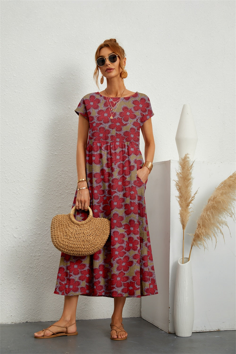 Kurzarm-Blumen Sommerkleid für Damen