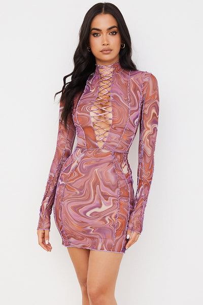 Bedrucktes Mesh Minikleid mit Spitze für Frauen