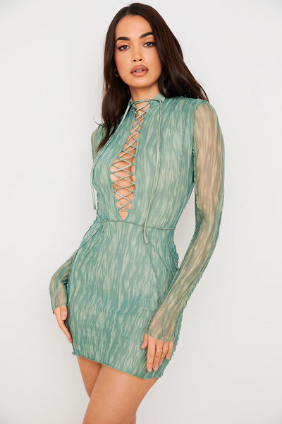 Bedrucktes Mesh Minikleid mit Spitze für Frauen