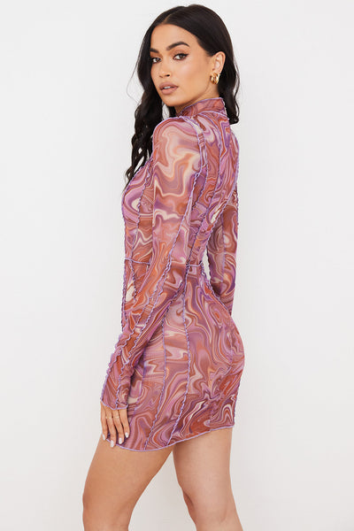 Bedrucktes Mesh Minikleid mit Spitze für Frauen