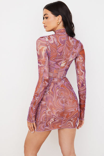 Bedrucktes Mesh Minikleid mit Spitze für Frauen