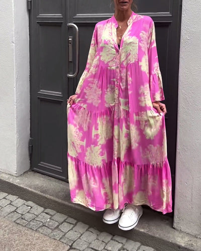 Maxikleid mit Print, Volantärmeln & Stehkragen – Stilvoll & Luftig