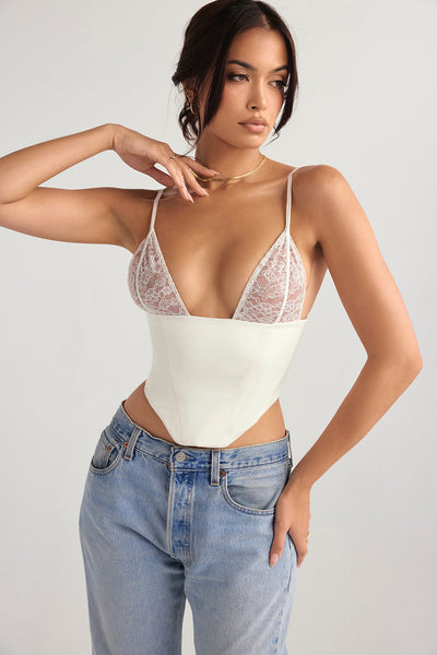 Weißes elfenbeinfarbenes Satin und Spitzenkorsett für Frauen