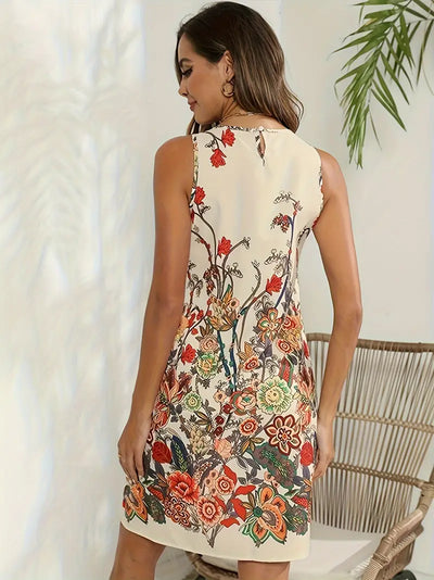 Blumendruck Tank Vintage Rundhalsausschnitt ärmelloses Kleid