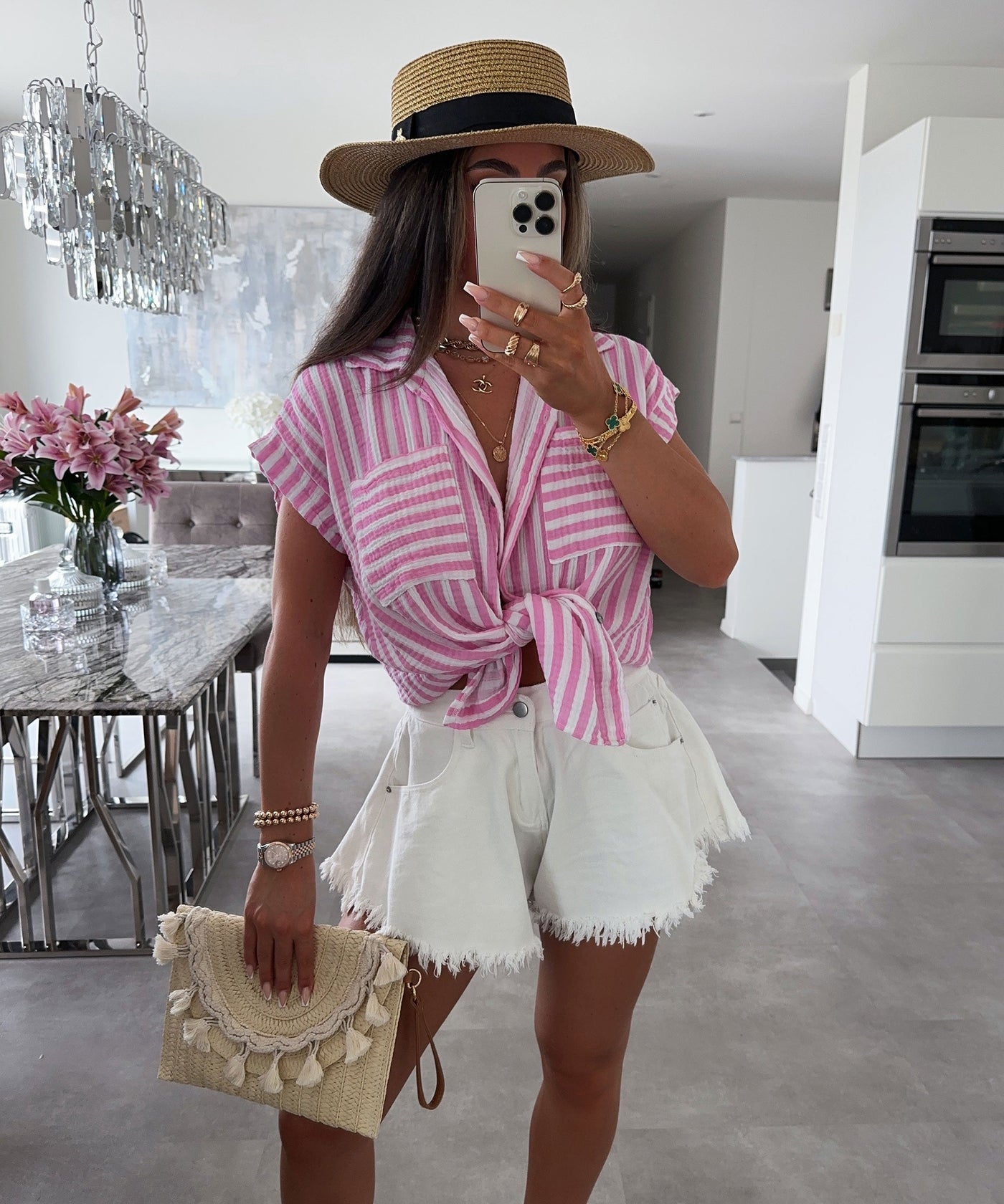 Kurzarmshirt mit Streifen in Babyrosa für Frauen