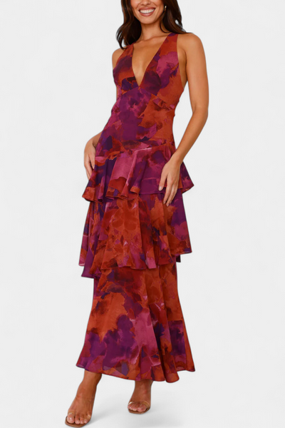 Domenica V-Ausschnitt Chiffonkleid mit eleganten, fließenden Lagen