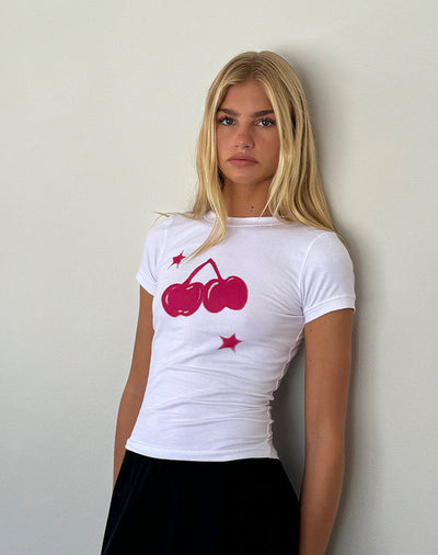 T Shirt mit weißem Kirschdruck für verspielte Frische für Frauen