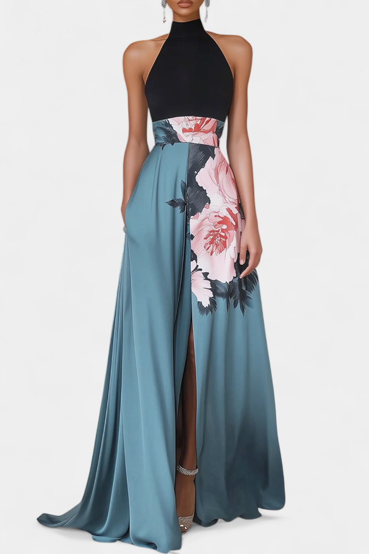 Radmila A-Linienkleid mit schwarzem Oberteil und blumigem Rock in Kontrastfarben