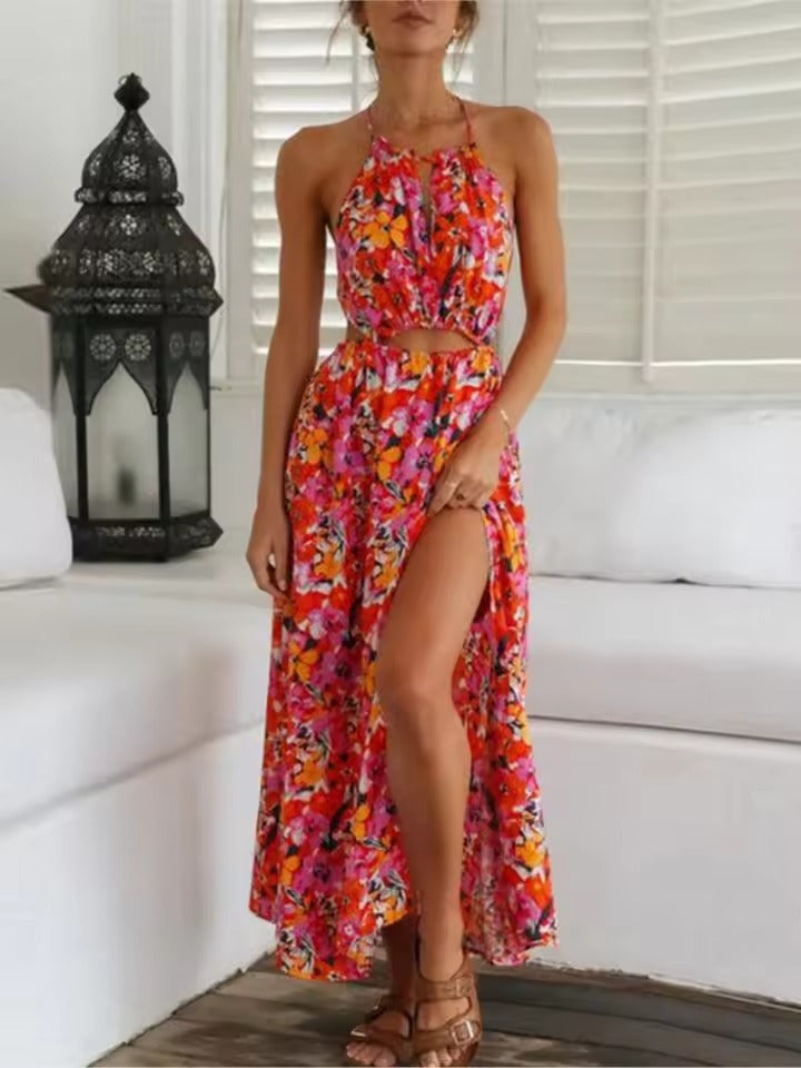 Élisa | Rückenfreies Maxikleid mit Blumendruck und Beinschlitz