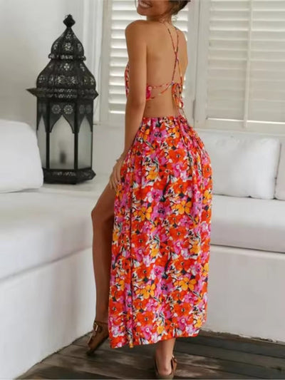 Élisa | Rückenfreies Maxikleid mit Blumendruck und Beinschlitz