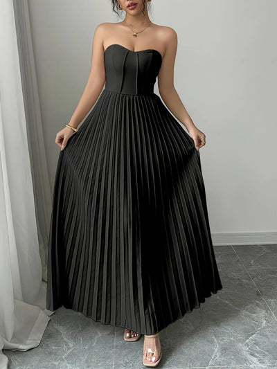 Bérénice | Trägerloses Maxikleid mit Korsagen-Oberteil und Plissee-Rock