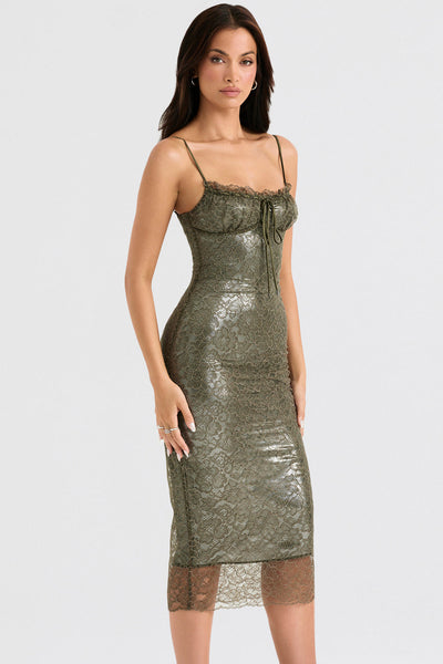 Olivgrünes Spitzen Midikleid mit Zeitloser Eleganz für Frauen