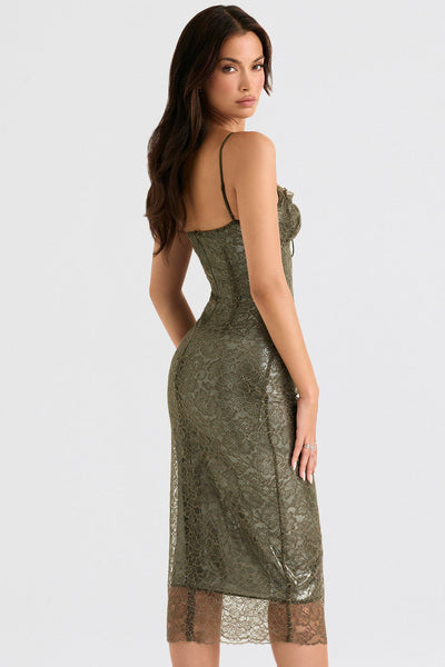 Olivgrünes Spitzen Midikleid mit Zeitloser Eleganz für Frauen