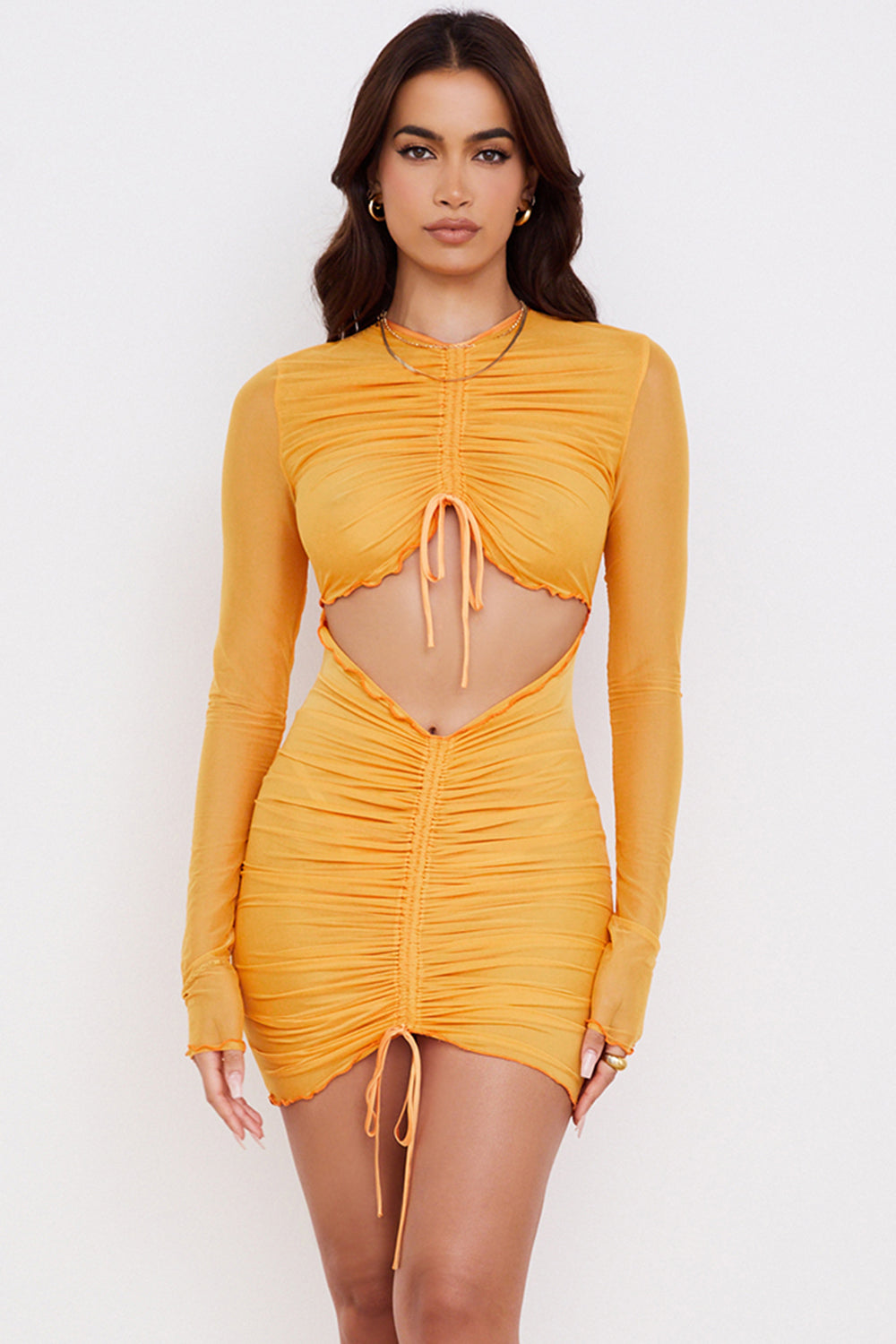 Oranges Mesh Minikleid mit Langen Ärmeln und Rüschen Ausschnitt für Frauen