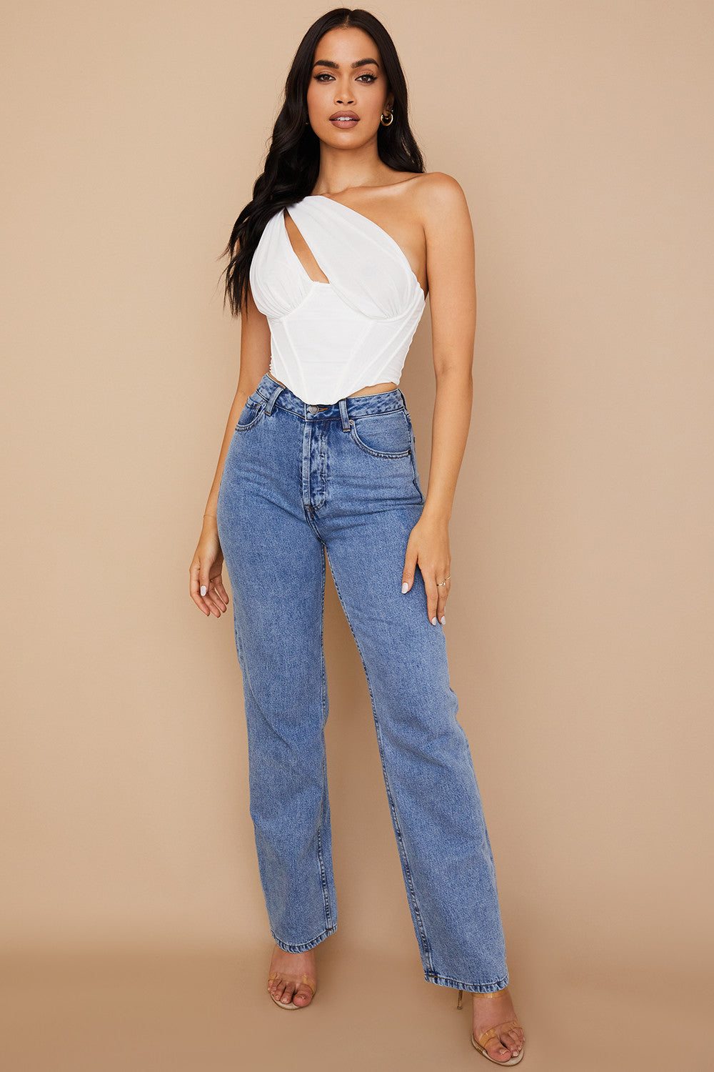 Weißes Mesh Korsett mit Cut Outs und moderner Eleganz für Frauen