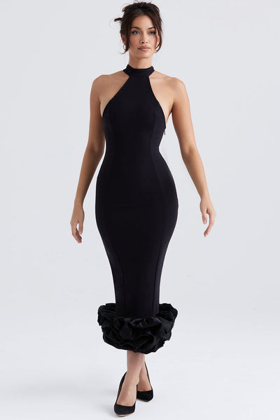 Schwarzes Midikleid mit Schößchen und klassischer Silhouette für Frauen