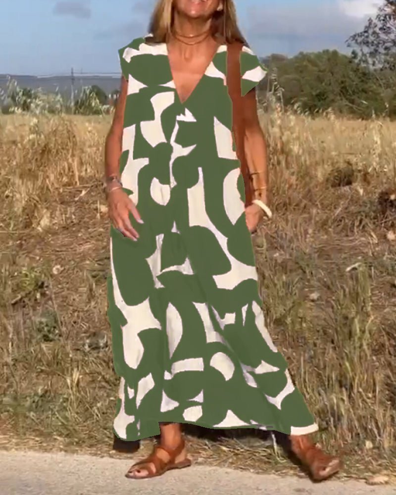 Oversized V-Ausschnitt Sommerkleid mit Prints für Damen