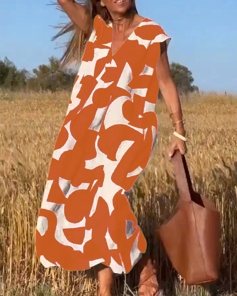 Oversized V-Ausschnitt Sommerkleid mit Prints für Damen