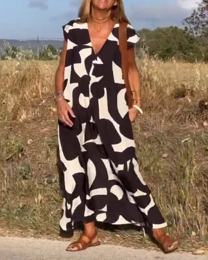 Oversized V-Ausschnitt Sommerkleid mit Prints für Damen