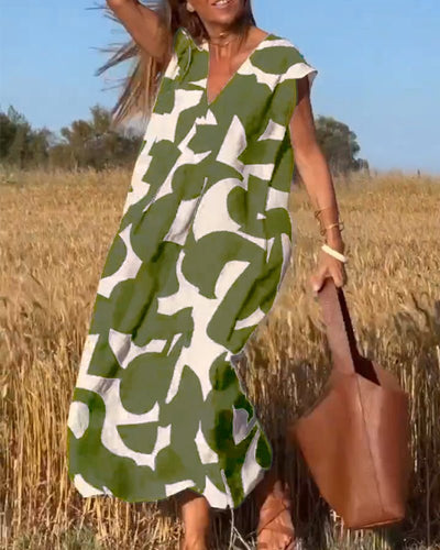 Oversized V-Ausschnitt Sommerkleid mit Prints für Damen