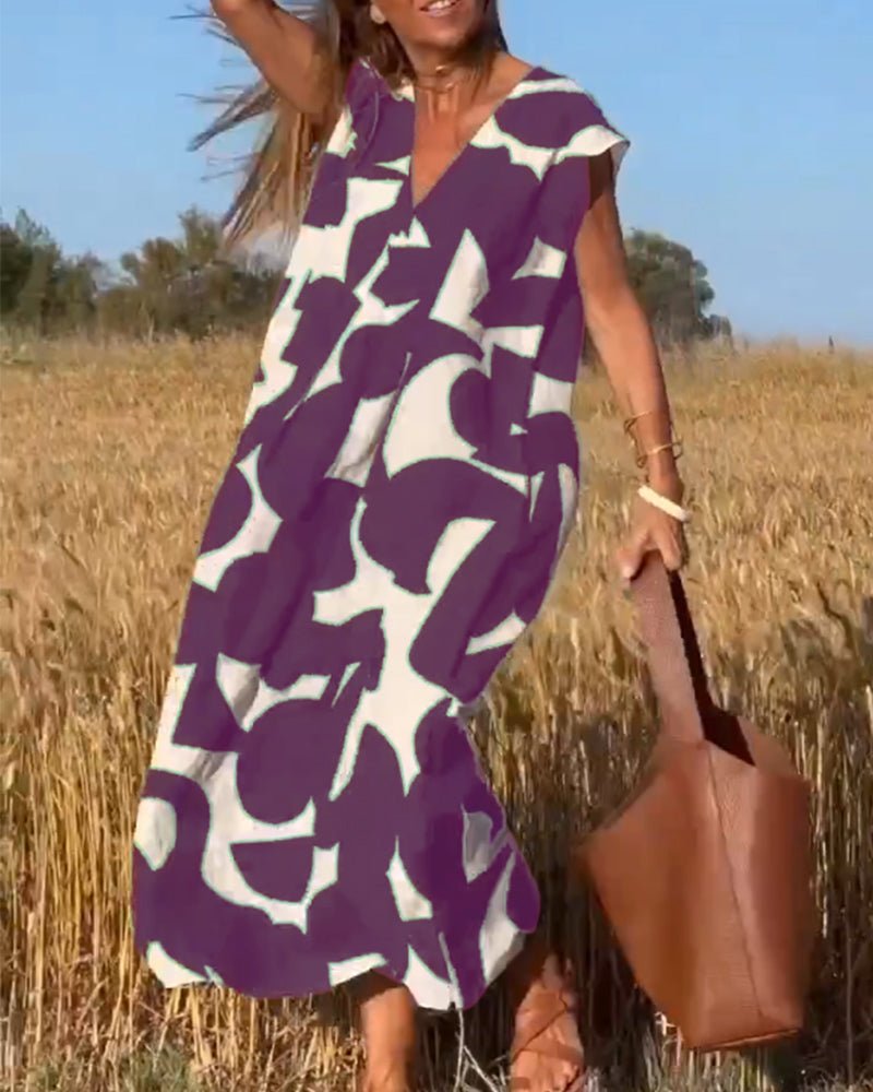 Oversized V-Ausschnitt Sommerkleid mit Prints für Damen