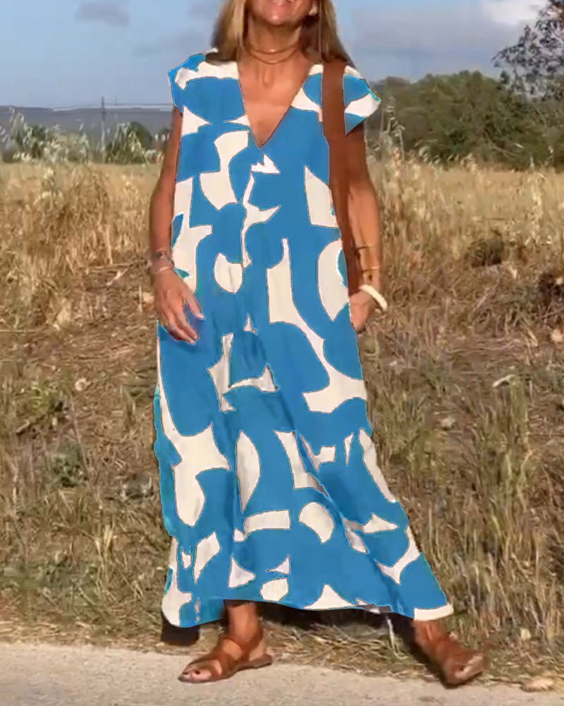 Oversized V-Ausschnitt Sommerkleid mit Prints für Damen