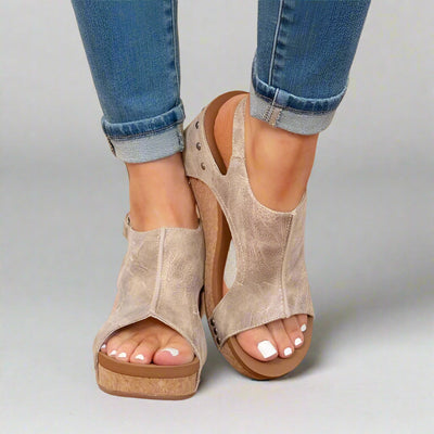 Offene Zehen Leder-Keilsandalen für Damen