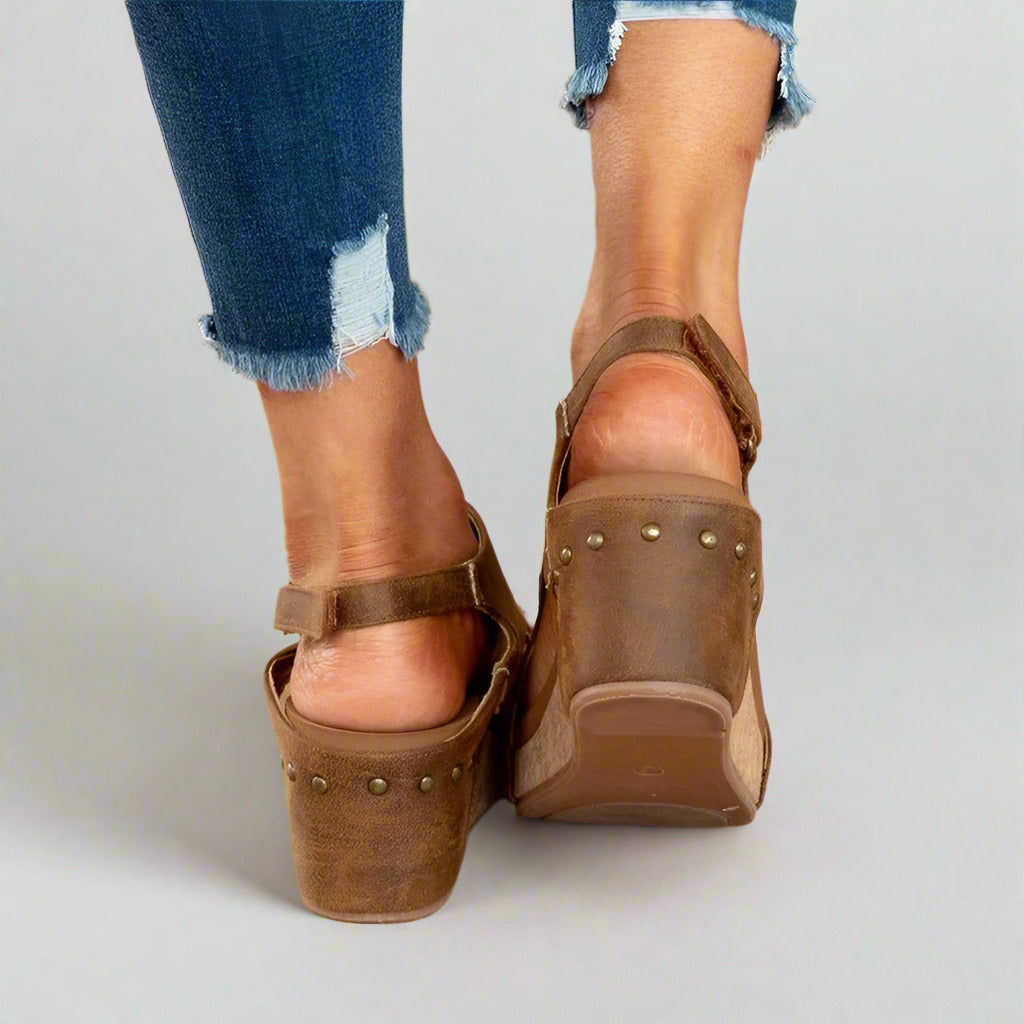 Offene Zehen Leder-Keilsandalen für Damen