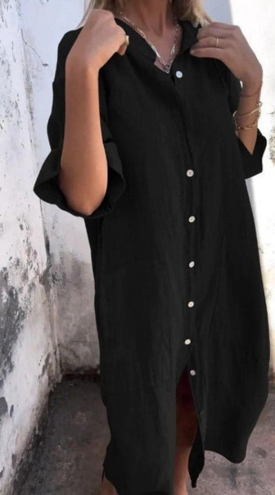 Halblanges Leinen-Sommerkleid mit Knöpfen für Damen