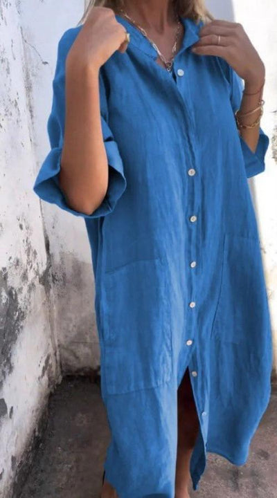 Halblanges Leinen-Sommerkleid mit Knöpfen für Damen