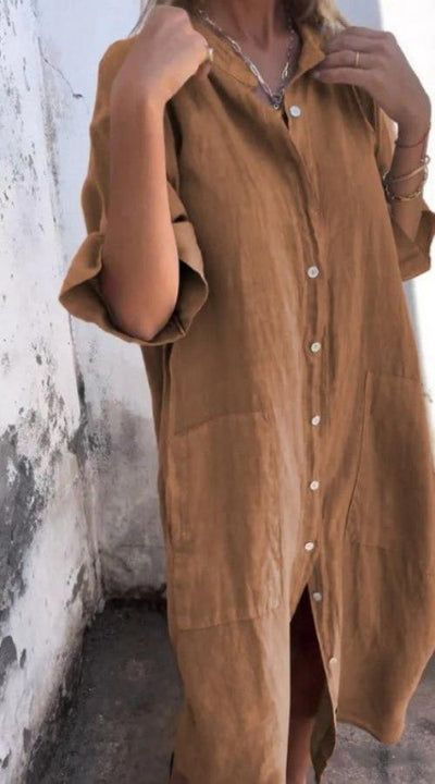 Halblanges Leinen-Sommerkleid mit Knöpfen für Damen