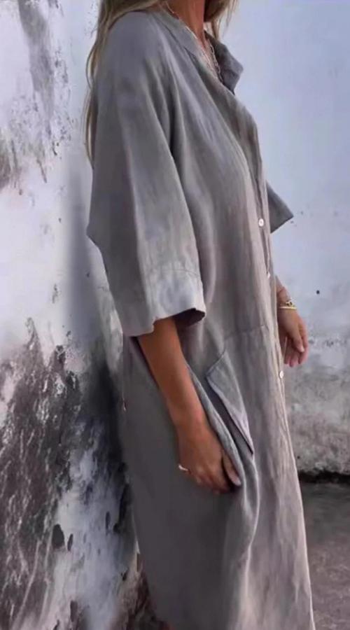 Halblanges Leinen-Sommerkleid mit Knöpfen für Damen