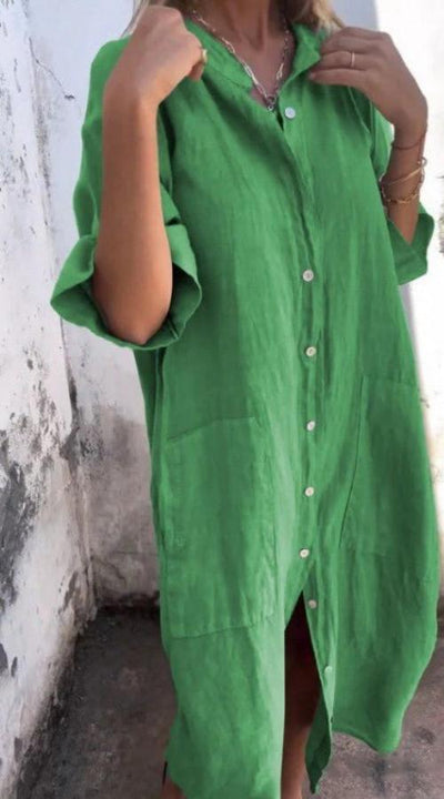 Halblanges Leinen-Sommerkleid mit Knöpfen für Damen