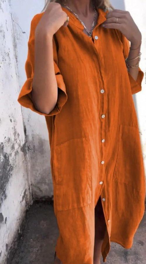 Halblanges Leinen-Sommerkleid mit Knöpfen für Damen