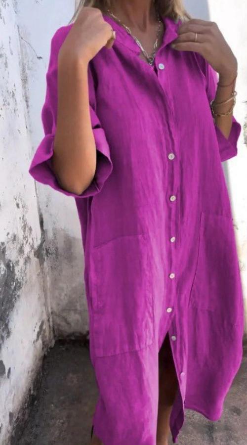 Halblanges Leinen-Sommerkleid mit Knöpfen für Damen