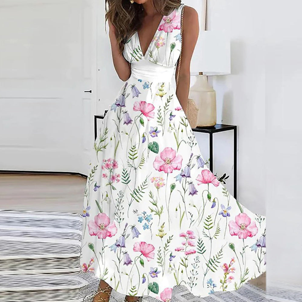 Ärmelloses V-Ausschnitt-Kleid mit Blumenprint für Damen