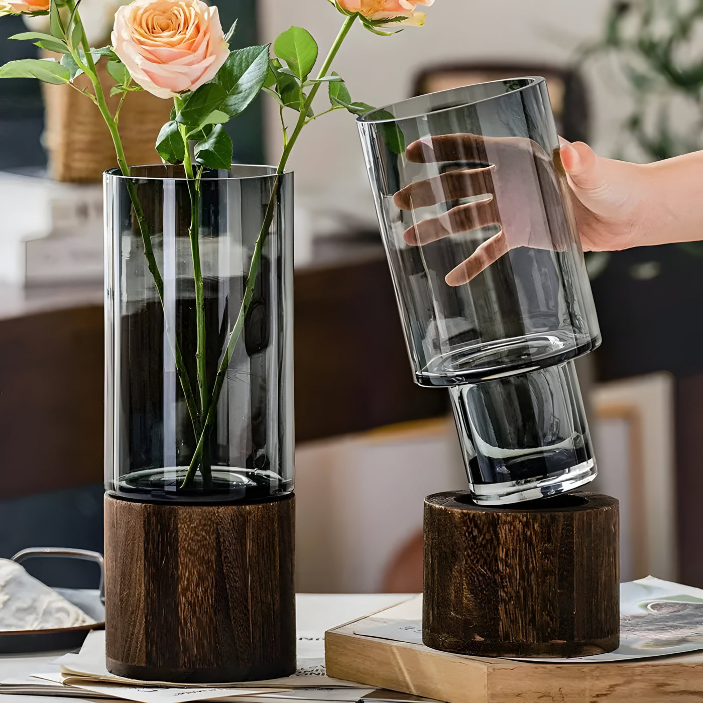 TranquilBloom Vase – Europäische Hydroponik Holz- und Glasvase