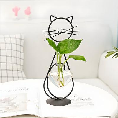 AquaPurr Vase - Hydroponische Glas-Herz-Vase mit Katzenförmigem Halter
