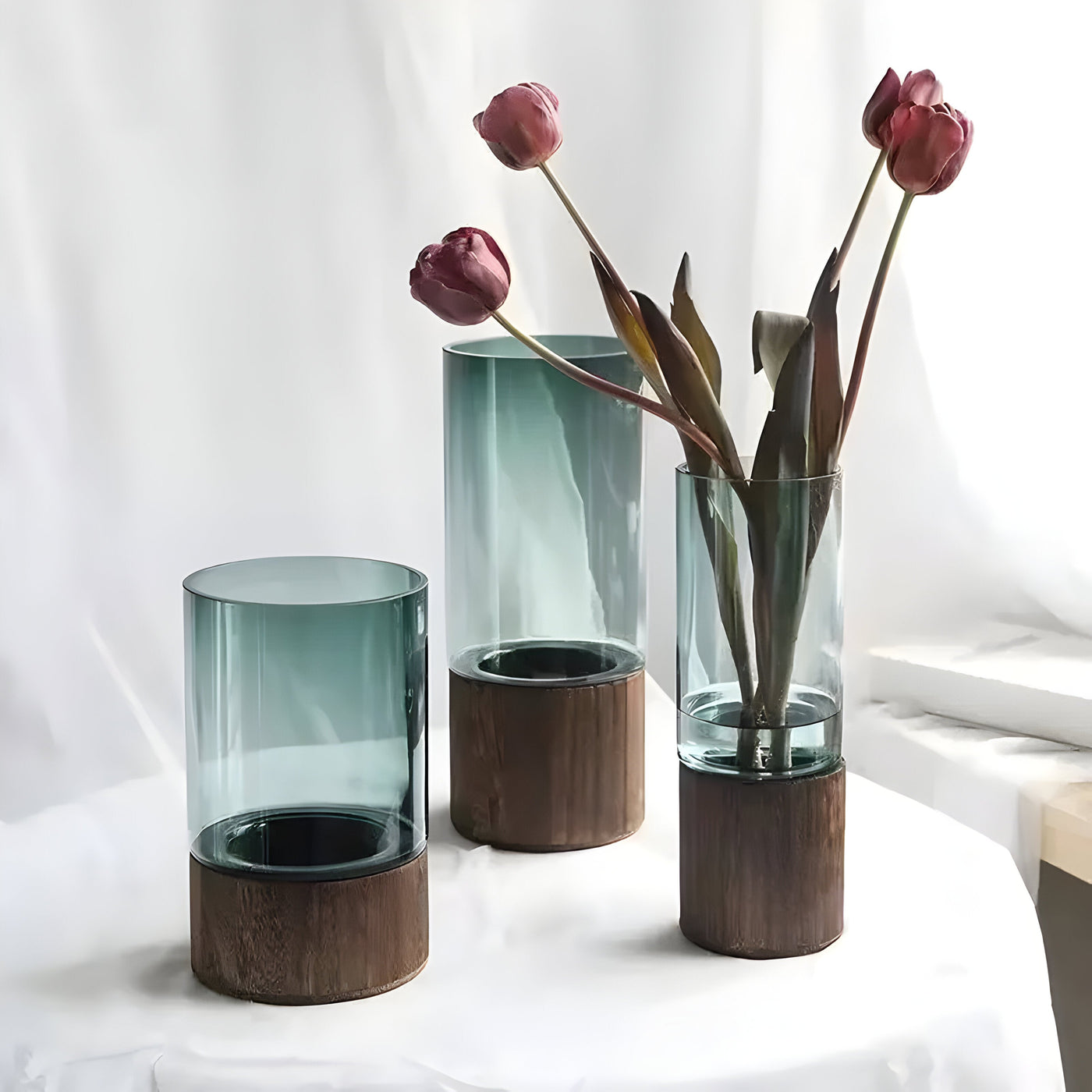 TranquilBloom Vase – Europäische Hydroponik Holz- und Glasvase