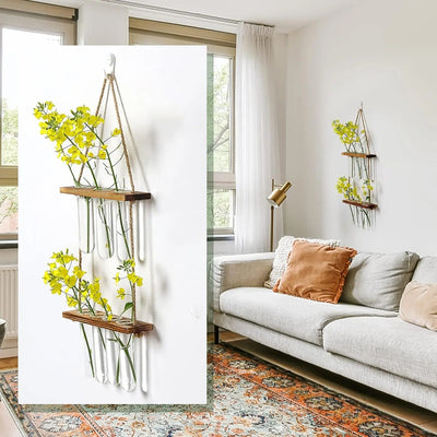 VerdantFlow Vase - 2 Etagen Hängende Reagenzglas-Pflanzgefäße aus Holz