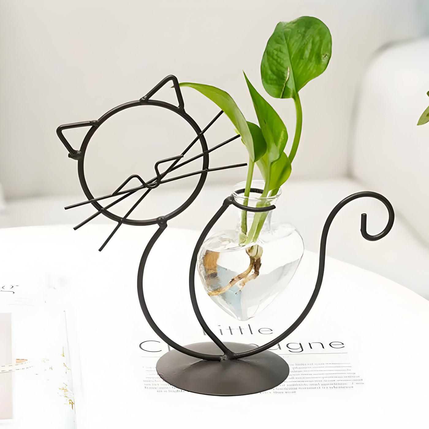 AquaPurr Vase - Hydroponische Glas-Herz-Vase mit Katzenförmigem Halter