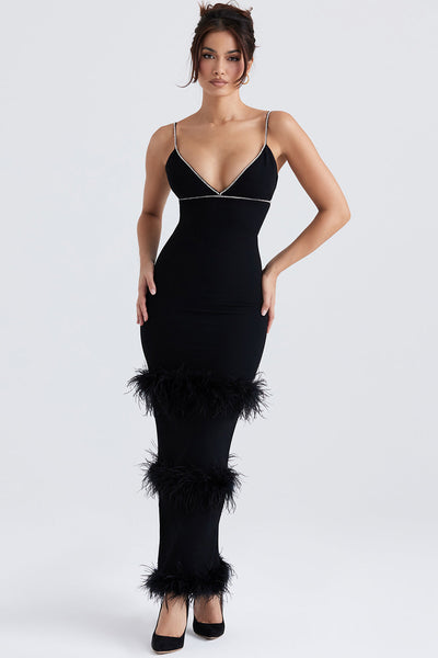 Schwarzes Maxikleid mit Kristallverzierung und strahlender Länge für Frauen