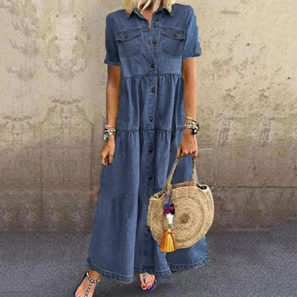 Damen Sommer-Maxi Denim Kleid mit Knöpfen und Kurzen Ärmeln