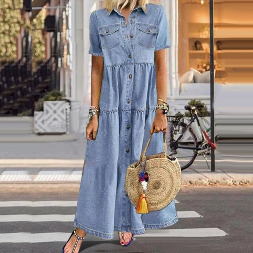 Damen Sommer-Maxi Denim Kleid mit Knöpfen und Kurzen Ärmeln