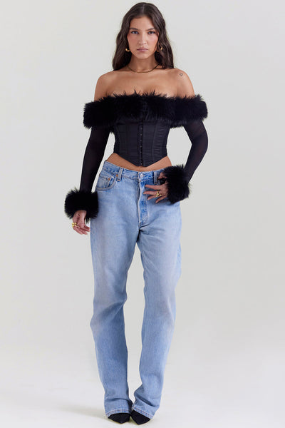 Luxuriöses schwarzes Korsett mit Kunstfell-Akzenten für Damen