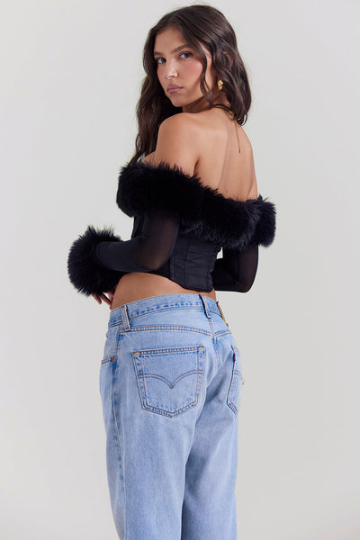 Luxuriöses schwarzes Korsett mit Kunstfell-Akzenten für Damen