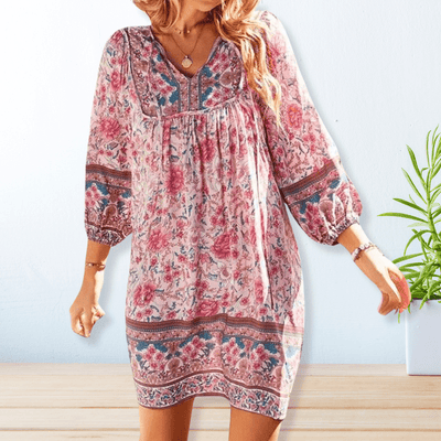 Boho-Langarm V-Ausschnitt Kleid für Damen