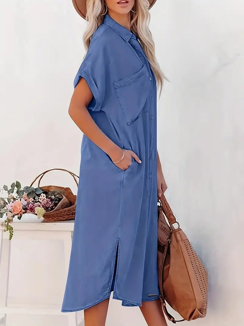 Kurzärmeliges Denim-Kleid mit Knöpfen für Damen