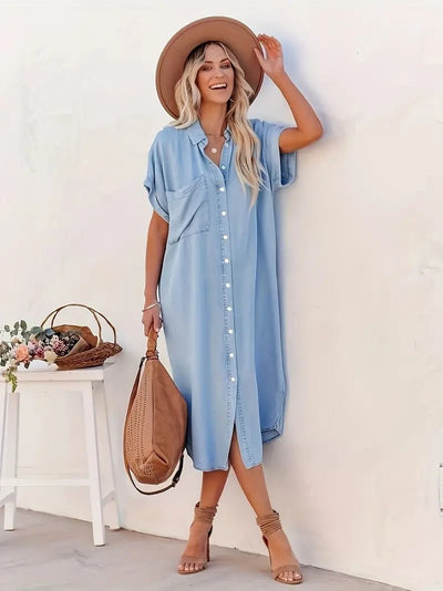 Kurzärmeliges Denim-Kleid mit Knöpfen für Damen