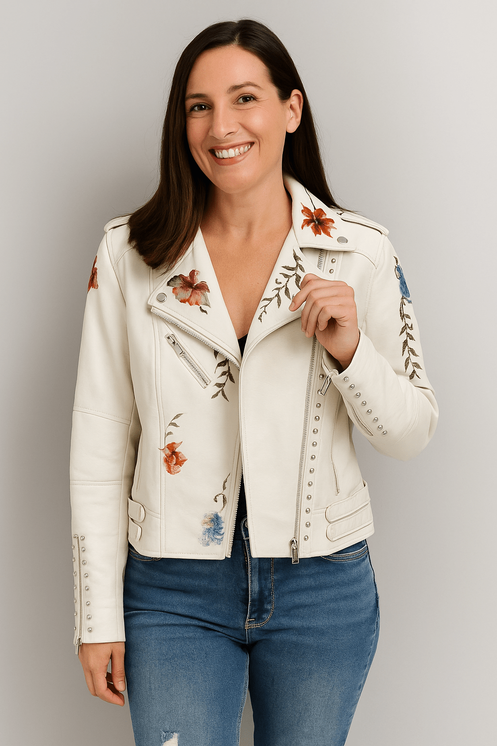 Modische Floral Vegane Lederjacke